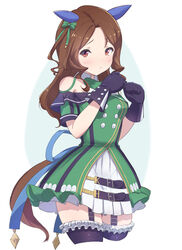  animal_ears bare_shoulders black_garter_straps black_gloves black_thighhighs blush bow brown_eyes brown_hair buttons cropped_legs double-breasted dress ear_covers embarrassed female frilled_thighhighs frills garter_straps gloves green_dress hairbow highres horse_ears horse_girl horse_tail king_halo_(umamusume) long_hair looking_at_viewer miniskirt off-shoulder_dress off_shoulder parted_hair pleated_skirt short_dress short_sleeves skirt solo tail taraneko_miso thighhighs umamusume white_skirt 