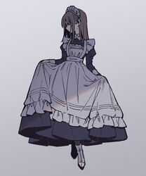  apron black_footwear blue_dress brown_hair clothes_lift dress dress_lift female frilled_apron frills full_body goshi-san grey_background highres holding holding_clothes juliet_sleeves long_sleeves looking_to_the_side maid maid_headdress medium_hair muted_color one-hour_drawing_challenge original puffy_sleeves sleeve_cuffs socks solo victorian_maid white_socks 