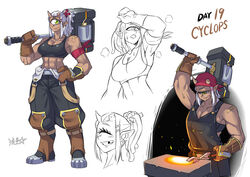  anvil apron bandaid bandaid_on_arm bandana black_sports_bra blacksmith blacksmith_tongs boots broken_horn cyclops dark-skinned_female dark_skin english_text female gloves glowing_hot green_eyes hammer holding holding_tongs horns hot missing_tooth monster_girl multiple_views muscular muscular_female one-eyed open_mouth original over_shoulder overalls pointy_ears ponytail ryuusei_(mark_ii) smile sports_bra sweat tongs tongue tongue_out underwear weapon weapon_over_shoulder 