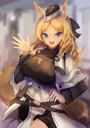  :d absurdres animal_ears arknights armor belt black_hat black_shorts blonde_hair blue_eyes blurry blurry_background blush breastplate breasts capelet commentary cowboy_shot depth_of_field female garrison_cap hand_on_own_hip hat highres horse_ears horse_girl horse_tail large_breasts long_hair long_sleeves oerba_yun_fang open_mouth parted_bangs short_shorts shorts smile solo tail trrcmb underbust v-shaped_eyebrows waving whislash_(arknights) white_capelet 