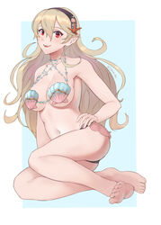  barefoot black_hairband blonde_hair blue_background breasts commentary corrin_(female)_(fire_emblem) corrin_(fire_emblem) english_commentary female fire_emblem fire_emblem_cipher fire_emblem_fates full_body hairband highres large_breasts long_hair oerba_yun_fang parted_lips pointy_ears red_eyes shell shell_bikini simple_background solo spiffydc twitter_username 