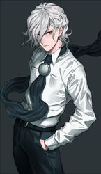  1boy alternate_costume bad_id bad_pixiv_id belt black_neckwear edmond_dantes_(fate) eyes_visible_through_hair fate/grand_order fate_(series) grey_hair hair_over_one_eye hand_in_pocket highres long_sleeves looking_at_viewer male_focus shirt solo sora_yoshitake_yuda wavy_hair white_shirt yellow_eyes 