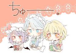  3girls back_bow bad_id bad_twitter_id bat_wings bendy_straw black_vest blonde_hair blue_eyes blue_hair blue_vest blush bow braid chibi cropped_torso cup drinking drinking_glass drinking_straw green_ribbons hairbow hat hat_ribbon holding holding_cup izayoi_sakuya kirisame_marisa long_hair maid_headdress medium_hair mob_cap multiple_girls neck_ribbon orange_eyes pink_background pink_shirt pointy_ears red_bow red_eyes red_ribbon remilia_scarlet ribbon shirt short_sleeves single_braid souta_(karasu_no_ouchi) touhou upper_body vest white_background white_bow white_headwear white_shirt wings wrist_cuffs 