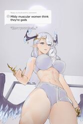  abs absurdres blue_eyes bra breasts claw_ring commission dragon_girl dragon_horns dragon_wings earrings english_commentary english_text female from_below grey_bra grey_hair grey_shorts highres horns indie_virtual_youtuber jewelry large_breasts long_hair long_pointy_ears looking_at_viewer looking_down meme midriff mildly_muscular_women_think_they&#039;re_gods_(meme) mole mole_under_eye navel noe_pun open_hand parted_lips pointy_ears scales second-party_source shorts solo toned underwear valentina_chisei virtual_youtuber wings 