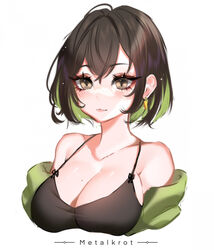  artist_name black_camisole blush borrowed_character breasts brown_eyes brown_hair camisole cleavage collarbone earrings english_commentary female green_hair green_jacket hair_behind_ear highres jacket jewelry large_breasts metalkrot miru_(ormille) mole mole_on_breast multicolored_hair off_shoulder original portrait smile solo streaked_hair upper_body white_background 