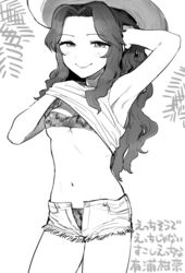  ariura_kanna armpits bikini blush breasts cleavage commentary_request female forehead greyscale highres idolmaster idolmaster_cinderella_girls long_hair looking_at_viewer monochrome navel oniku_(oniku029029mm) open_clothes open_shorts shorts smile solo swimsuit 