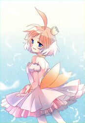  absurdres ahoge backless_dress backless_outfit ballerina ballet bead_bracelet beads blue_background blue_eyes bracelet crown dress feathers female highres huge_ahoge jewelry looking_at_viewer necklace open_mouth pantyhose princess_tutu princess_tutu_(character) short_hair solo suzuki_(2red_moon3) tutu 