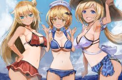  3girls akai_haato akai_haato_(hololive_summer_2019) aki_rosenthal aki_rosenthal_(hololive_summer_2019) anchor_print arm_scrunchie armpits bare_shoulders bat_hair_ornament bikini bikini_skirt blonde_hair blue_bikini blue_eyes breast_curtains breasts choker cleavage closed_mouth collarbone color_connection commentary_request detached_hair fangs hair_between_eyes hair_color_connection hair_ornament hairclip hand_on_own_hip hat highres hololive large_breasts long_hair looking_at_viewer medium_breasts medium_hair mismatched_bikini multiple_girls navel official_alternate_costume one-piece_tan open_mouth red_bikini smile sun_hat swimsuit tan tanlines virtual_youtuber yellow_eyes yohane yozora_mel yozora_mel_(hololive_summer_2019) 