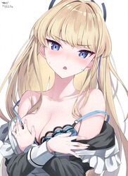  absurdres apron bare_shoulders blonde_hair blue_archive blue_bra blue_eyes blue_halo blunt_bangs bra breasts collarbone commentary_request covering_breasts covering_privates female glaze_artifacts halo highres long_hair looking_at_viewer maid maid_apron medium_breasts open_clothes partial_commentary solo sunebu_(snake_boo2) toki_(blue_archive) underwear upper_body 