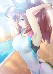  ahoge animal_ears arms_up blue_eyes blue_hair blue_hairband breasts competition_swimsuit covered_navel ear_ornament female hair_between_eyes hairband highres horse_ears horse_girl kpaoi ladder large_breasts long_hair mihono_bourbon_(umamusume) no_tail one-piece_swimsuit parted_lips ponytail pool solo swimsuit tying_hair umamusume water white_one-piece_swimsuit 