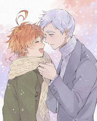  1boy abstract_background adjusting_scarf ahoge alternate_costume azuki_(aduki) blue_background blue_eyes blush buttons closed_eyes coat couple emma_(yakusoku_no_neverland) female green_coat grey_coat grey_hair grey_sweater highres imminent_kiss neck_tattoo norman_(yakusoku_no_neverland) number_tattoo open_clothes open_coat open_mouth orange_hair pink_background ribbed_sweater scarf short_hair smile straight sweater tattoo teeth upper_body upper_teeth_only wavy_hair white_scarf yakusoku_no_neverland 