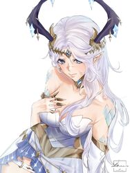  artist_name bare_shoulders blue_eyes blue_eyeshadow breasts cleavage commission detached_sleeves dress english_commentary eyeshadow female grey_hair hair_behind_ear hand_on_own_chest highres horns indie_virtual_youtuber long_hair long_pointy_ears loren makeup mole mole_under_eye pointy_ears scales simple_background smile solo thigh_strap valentina_chisei virtual_youtuber watermark white_background white_dress 