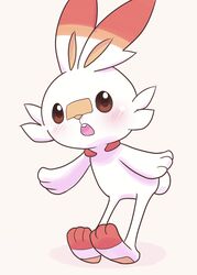  2019 ambiguous_gender bandage blush brown_eyes fur generation_8_pokemon hi_res lagomorph looking_at_viewer mammal nintendo open_mouth pokemon pokemon_(species) scorbunny simple_background solo standing teeth wadorigi white_background white_body white_fur 