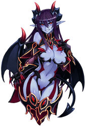  absurdres bare_shoulders black_sclera blue_skin breasts claws cleavage colored_sclera colored_skin cowboy_shot demon_(monster_girl_encyclopedia) demon_horns demon_tail demon_wings earrings enty_reward female heart heart_earrings highres horns jewelry kenkou_cross large_breasts long_hair looking_at_viewer monster_girl_encyclopedia navel official_art paid_reward pointy_ears purple_hair red_eyes simple_background smile solo sweat tail thigh_gap white_background wings 