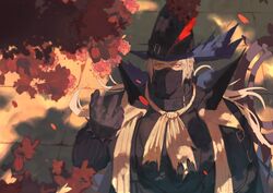  1boy absurdres arknights ascot autumn autumn_leaves black_gloves black_headwear falling_leaves from_above gloves highres leaf long_hair looking_up male_focus mask mouth_mask red_eyes shanguisantai solo ulpianus_(arknights) upper_body white_hair 