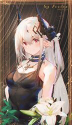  absurdres arknights artist_name bare_shoulders black_dress breasts cleavage closed_mouth collar covered_navel dated dress earrings female fenrir_(fenlix) flower hair_ornament highres horns infection_monitor_(arknights) jewelry lily_(flower) long_hair looking_at_viewer medium_breasts mudrock_(arknights) mudrock_(obsidian)_(arknights) necklace official_alternate_costume one_side_up pointy_ears red_eyes sleeveless sleeveless_dress smile solo upper_body very_long_hair white_flower white_hair 