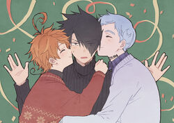  2boys ahoge alternate_costume azuki_(aduki) black_eyes black_hair black_sweater blue_cardigan blue_hair blue_shirt blush cardigan closed_eyes confetti emma_(yakusoku_no_neverland) eyes_visible_through_hair female green_background hair_bun hair_over_one_eye happy highres kissing kissing_cheek light_blue_hair long_sleeves multiple_boys neck_tattoo norman_(yakusoku_no_neverland) number_tattoo open_mouth orange_hair plaid plaid_shirt ray_(yakusoku_no_neverland) red_sweater shirt short_hair simple_background single_side_bun smile snowflake_print streamers sweatdrop sweater tattoo unamused upper_body wavy_hair yakusoku_no_neverland 