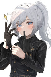  absurdres black_coat black_gloves blue_eyes blush buttons coat commentary_request commission double-breasted dressing female gloves grey_hair highres kei8987 long_hair long_sleeves looking_at_viewer min_yeohee mouth_hold original parted_lips ponytail simple_background skeb_commission solo sparkle upper_body white_background white_hair 