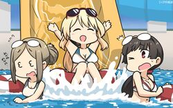  3_3 3girls ^^^ atago_(kancolle) bikini blonde_hair breasts brown_hair choukai_(kancolle) cleavage commentary_request competition_swimsuit cowboy_shot dated eyewear_on_head glasses hair_bun hamu_koutarou highres innertube kantai_collection katori_(kancolle) large_breasts lifebuoy long_hair looking_for_glasses multiple_girls one-hour_drawing_challenge one-piece_swimsuit single_hair_bun splashing sunglasses swim_ring swimsuit translated water_slide white_bikini white_one-piece_swimsuit x_navel 