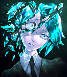  1other akamahura androgynous aqua_eyes aqua_hair black_neckwear collared_shirt crack crystal_hair eyeball gem gem_uniform_(houseki_no_kuni) highres houseki_no_kuni other_focus phosphophyllite portrait shirt short_hair solo white_shirt 