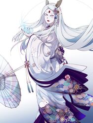  black_nails byakugan colored_skin commentary_request eareay energy female fingernails floral_print grey_horns highres holding holding_umbrella horns japanese_clothes kimono long_fingernails long_hair looking_at_viewer magic naruto_(series) naruto_shippuuden oil-paper_umbrella ootsutsuki_kaguya pale_skin print_kimono purple_eyes purple_kimono red_lips rinne_sharingan sharp_fingernails short_eyebrows solo thick_eyebrows third_eye tomoe_(symbol) umbrella very_long_hair white_background white_hair white_skin 