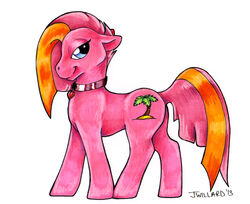 2013 blue_eyes collar cutie_mark equid equine fan_character female feral fur hair hasbro horse jessica_willard looking_at_viewer mammal multicolored_hair my_little_pony pink_body pink_fur pony quadruped simple_background solo traditional_media_(artwork) two_tone_hair white_background