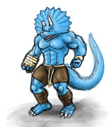 abs anthro athletic bandage belt biceps big_muscles biped black_eyes blue_body blue_skin bottomwear claws clothed clothing dinosaur extinct extreme_dinosaurs fangs fb1907 flexing hi_res horn male muscular muscular_anthro muscular_male open_mouth pecs pose prehistoric_species reptile scales scalie shorts simple_background sketch solo spike_(extreme_dinosaurs) standing tail teeth toe_claws tongue topless white_background