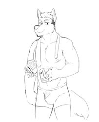 anthro black_and_white boxer_briefs bulge canid canine canis clothed clothing fist genchi male mammal mature_anthro mature_male monochrome muscular muscular_anthro muscular_male necktie nipples partially_clothed pecs solo topless underwear vasuki wolf