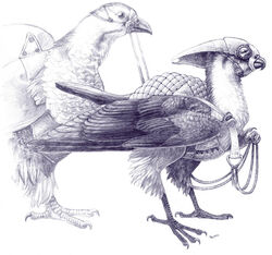 ambiguous_gender avian bird bridle duo feathered_wings feathers feral galliform greyscale harness maggock monochrome mount phasianid quail reins steed wings