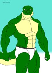 2013 abs anthro athletic biceps biped briefs claws clothed clothing dinosaur extinct fangs green_body green_skin grey_eyes grin hi_res looking_at_viewer male maxime-jeanne muscular muscular_anthro pecs pose prehistoric_species reptile scales scalie smile solo standing tail teeth theropod thomas_carter topless tyrannosaurid tyrannosauroid tyrannosaurus tyrannosaurus_rex underwear vein white_briefs white_clothing white_underwear yellow_body yellow_skin