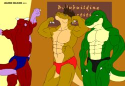 2013 abs anthro athletic biceps blue_eyes brown_body brown_hair brown_skin bulge claws clothed clothing competition dinosaur extinct fangs flexing green_body green_skin grey_eyes grin group hair hi_res horn jonathan_alexander looking_at_viewer male male/male maxime-jeanne muscular pecs pink_body pink_skin pose prehistoric_species rear_view red_body red_skin reptile scales scalie smile speedo standing swimwear tail teeth theropod thomas_carter topless tyrannosaurid tyrannosauroid tyrannosaurus tyrannosaurus_rex yellow_body yellow_skin