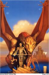 1991 anthro armor castle cloud dragon duo english_text feral flower hi_res human male mammal melee_weapon membrane_(anatomy) membranous_wings michael_whelan moon mythological_creature mythological_scalie mythology outside plant rock scalie sky sunset sword tail text water weapon wings