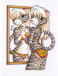 2005 absurd_res anthro ass back-tie_bikini back-tie_clothing back-tie_swimwear bikini bikini_bottom bikini_top breasts clothed clothing colored_edge_bikini domestic_cat felid feline felis female front-print_bikini green_eyes hi_res looking_at_viewer looking_back mammal michele_light mirror navel neck-tie_bikini neck-tie_clothing neck-tie_swimwear orange_bikini_bottom orange_bikini_top orange_clothing orange_swimwear pinup pose print_bikini print_clothing print_swimwear side-tie_bikini side-tie_clothing side-tie_swimwear side_boob signature skimpy smile solo string_bikini swimwear text_on_bikini tight_clothing traditional_media_(artwork)