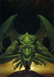 1980 ambiguous_gender biped bone claws clothed clothing coin darkness death dragon duo feral gold_(metal) gold_coin green_body green_scales hi_res looking_at_viewer membrane_(anatomy) membranous_wings michael_whelan mythological_creature mythological_scalie mythology naughty_face novel_cover scales scalie size_difference skeleton spread_wings treasure treasure_hoard wings yellow_eyes