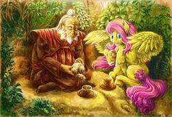 avatar:_the_last_airbender beverage blue_eyes closed_eyes container crossover cup cutie_mark detailed_background duo english_text equid equine feathered_wings feathers female feral fluttershy_(mlp) food friendship_is_magic fur hair hasbro hi_res human iroh long_hair male mammal muffin my_little_pony mythological_creature mythological_equine mythology nature neutral-demon nickelodeon outside pegasus pink_hair plant sitting smile tea text wings yellow_body yellow_feathers yellow_fur