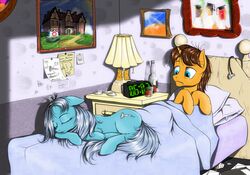 2013 bed bedroom blue_eyes bottle brown_hair closed_eyes container cutie_mark doctor_stable_(mlp) duo earth_pony equid equine eyewear female feral friendship_is_magic furniture grey_hair hair hasbro horn horse inside lamp madhotaru male mammal my_little_pony mythological_creature mythological_equine mythology pillow pony screw_loose_(mlp) sleeping unicorn