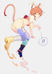 ahoge animal_humanoid brown_eyes brown_hair cat_humanoid cat_tail clothing exclamation_point felid felid_humanoid feline feline_humanoid female hair halo hi_res humanoid looking_at_viewer mammal mammal_humanoid panties short_hair simple_background solo takekono underwear white_background