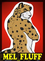 3:4 amwulf anthro cheetah felid feline hi_res looking_at_viewer looking_back male mammal name_badge nude solo