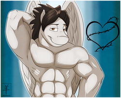 aaron_(artist) abs anthro athletic biceps biped black_hair brown_eyes brown_hair clothed clothing digital_media_(artwork) equid equine feathered_wings feathers flexing fur grin hair hands_behind_head hasbro jay_fortissimo_(jforte91) looking_at_viewer male mammal muscular muscular_anthro my_little_pony mythological_creature mythological_equine mythology navel nude pecs pegasus pose smile solo standing teeth topless white_body white_fur wings