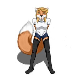 1:1 anthro biped bottomwear canid canine clothing farfy female fox legwear mammal shorts solo standing stockings tongue yellow_eyes zat_virgil zavir