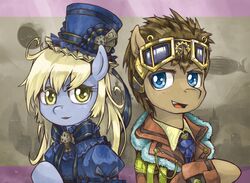 blonde_hair blue_eyes british_broadcasting_corporation brown_hair clothed clothing derpy_hooves doctor_who doctor_whooves_(mlp) duo earth_pony equid equine eyewear female feral friendship_is_magic goggles hair hasbro hat headgear headwear horse jacket male mammal my_little_pony necktie open_mouth pony saturnspace topwear yellow_eyes