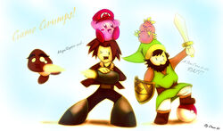 :| arin_hanson avian bird bottomwear capcom clothing crossover english_text game_grumps generation_3_pokemon green_clothing green_headwear group gun happy hat headgear headwear holding_object holding_weapon human humanoid jon_jafari kibery link male mammal mario mario_bros mega_man_(character) mega_man_(series) melee_weapon nintendo parody pokeball pokemon pokemon_(species) ranged_weapon shield skirt standard_pokeball sword text text_on_clothing text_on_hat text_on_headwear the_legend_of_zelda torchic weapon zik89