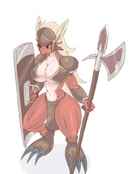 57mm armor blonde_hair breasts claws convincing_weapon female hair halberd headgear helmet long_hair melee_weapon polearm shield simple_background solo unconvincing_armor weapon white_background