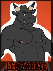 3:4 amwulf anthro biceps big_muscles bovid bovine european_mythology eyebrow_piercing facial_piercing greek_mythology hi_res leo_zodiac lip_piercing looking_at_viewer male mammal minotaur muscular muscular_anthro muscular_male mythology name_badge nipple_piercing nipples nude piercing solo