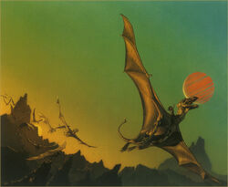 1978 20th_century ambiguous_gender ancient_art book_cover cover dragon female feral group human lessa_(pern) mammal membrane_(anatomy) membranous_wings michael_whelan moon mountain mythological_creature mythological_scalie mythology outside pern ramoth_(pern) riding scalie sky straddling sun tail wings