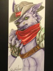 anthro armor canid canine canis cestus clothing cowboy fur gloves green_eyes handwear male mammal purple_body purple_fur scar scarf sekotta solo unknown_artist western wolf