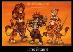 2006 anthro anthrofied armband bracelet brown_body brown_fur disney english_text felid female fur group jewelry keyblade khopesh kingdom_hearts lion lion_sora male mammal mane melee_weapon nala_(the_lion_king) pantherine parody polearm raymond_yap sickle_sword simba_(the_lion_king) smile sora_(kingdom_hearts) spear square_enix sword tail tail_tuft tan_body tan_fur text the_lion_king tribal tuft weapon white_body white_fur