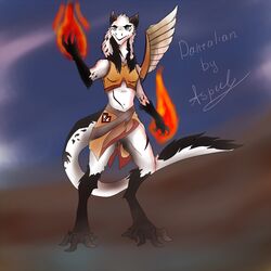 1:1 anthro aspeel biped clothed clothing dantalian_letrou_(character) feathered_wings feathers female fire front_view magic mammal sergal signature simple_background solo standing tail wings