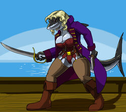 2009 anthro big_breasts breasts clothed clothing detailed_background dual_wielding female fish gun handgun holding_object holding_weapon marine melee_weapon non-mammal_breasts oniontrain outside pirate pistol ranged_weapon sea seascape shark ship skimpy sky solo sword vehicle water watercraft weapon