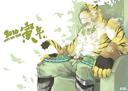 2010 beau_(artist) chair chinese_zodiac felid fur furniture holidays japanese japanese_text male mammal new_year pantherine sitting solo stripes text throne tiger translation_request year_of_the_tiger yellow_body yellow_fur